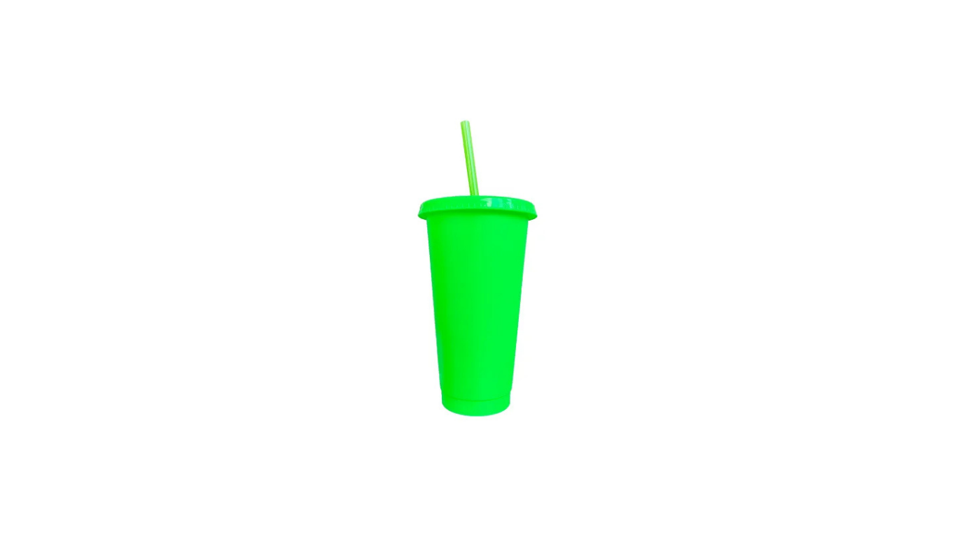 VASO FLUOR VERDE CON TAPA Y SORBITO
